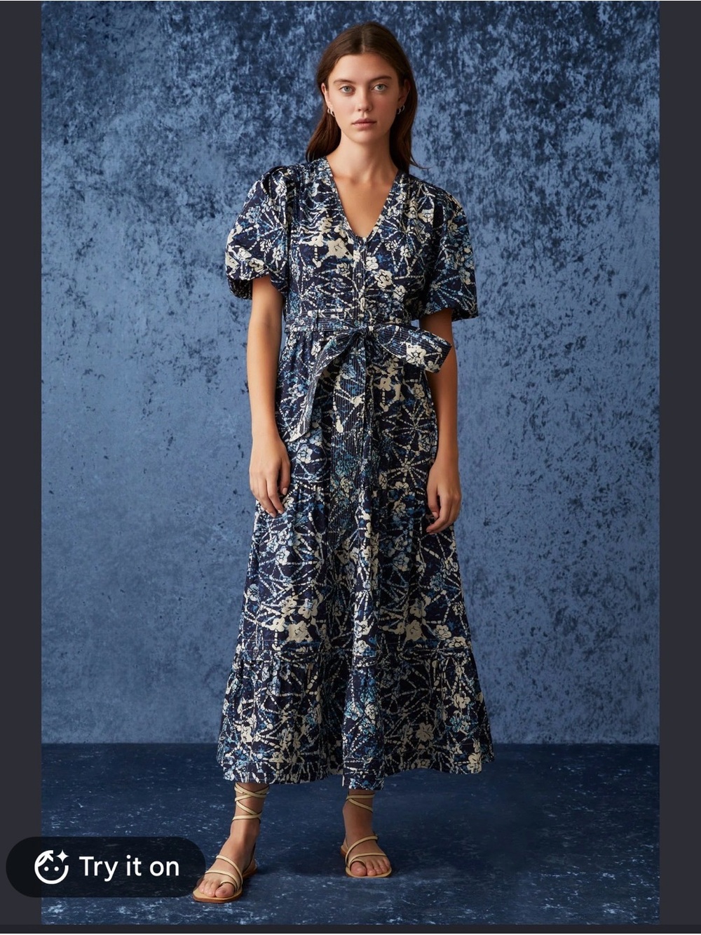 Marie Oliver Natalie Cotton Midi Dress Batik Floral Blue Size 4